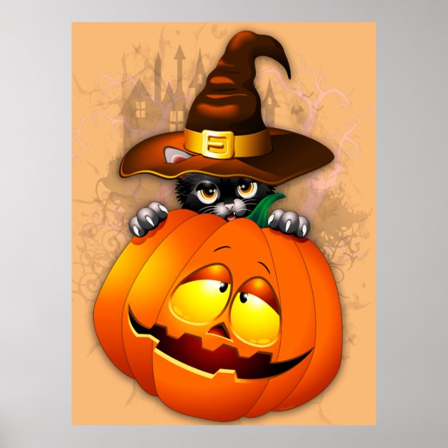 Póster Halloween Curte Kitty Witch and Pumpkin Friend (Frente)