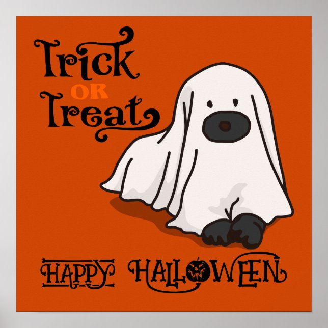 Póster Halloween Cute Funny Whimsical Ghost Dog Naranja (Frente)