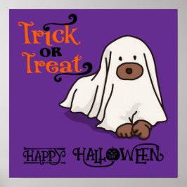 Póster Halloween Cute Funny Whimsical Ghost Dog Purple