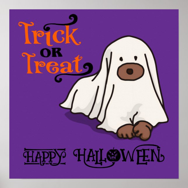 Póster Halloween Cute Funny Whimsical Ghost Dog Purple (Frente)