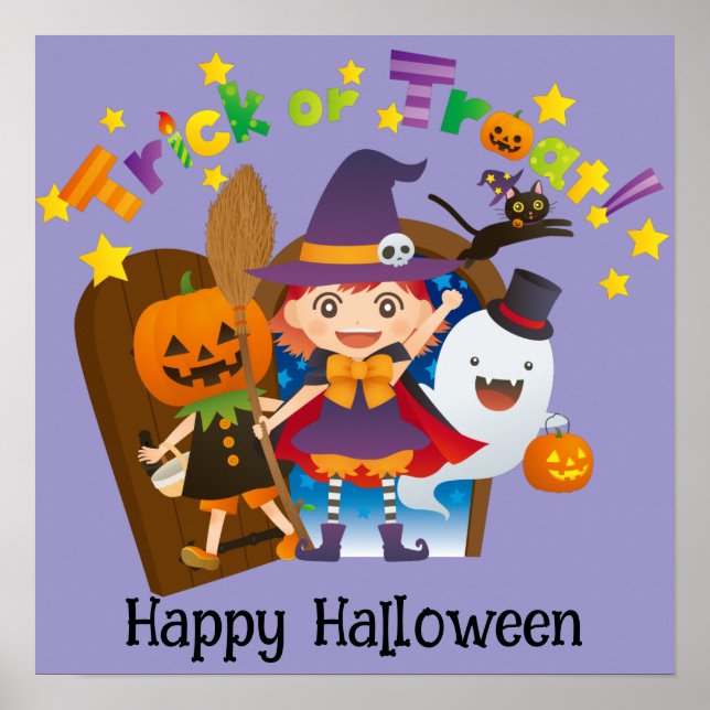 Póster Halloween Cute Funny Whimsical Witch Chica Purple (Frente)