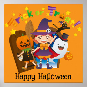 Póster Halloween Cute gracioso Naranja de Chica de Brujas