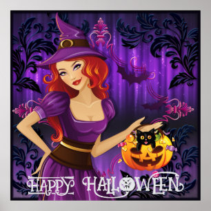 Póster Halloween Cute Spooky Whimsical Witch Purple