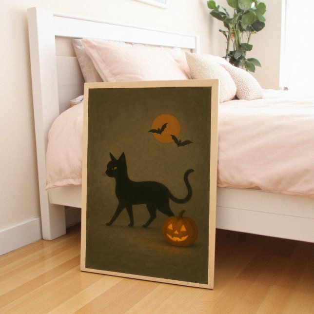 Póster Halloween Dark Academia Style | Calabaza para gato (Dark Academia Halloween Black Cat and Jack-o-lantern pumpkin, bats, moon. Farmcore style. )