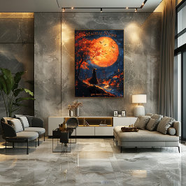 Póster Halloween de aldea con visión de bruja con luna ll