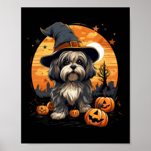 Póster Halloween de bruja de perro apso de Lhasa