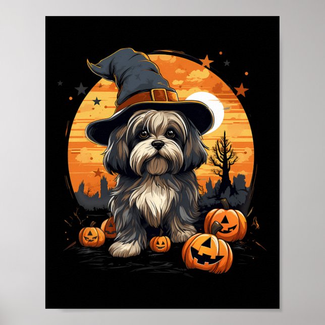Póster Halloween de bruja de perro apso de Lhasa (Frente)