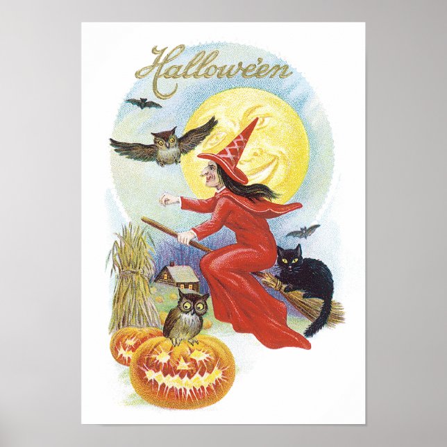 Póster Halloween de época, bruja voladora con gato negro (Frente)