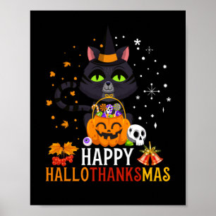 Póster Halloween De Gato Negro Y Feliz Navidad