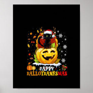 Póster Halloween De Gato Negro Y Feliz Navidad