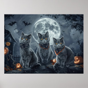 Póster Halloween de gatos azules rusos espeluznante