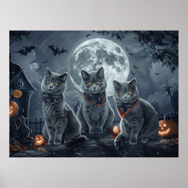 Póster Halloween de gatos azules rusos espeluznante (Frente)