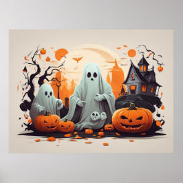Póster Halloween de la casa embrujada, fantasma y calabaz