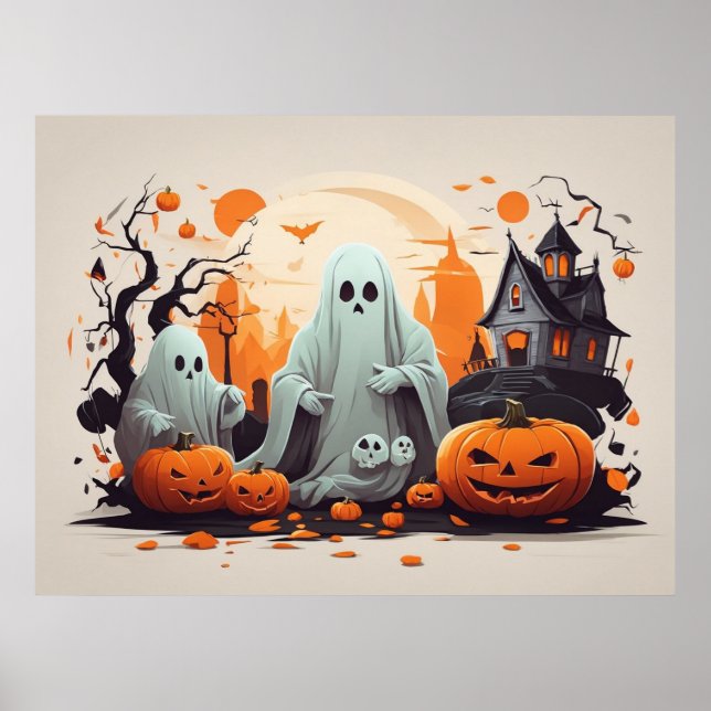 Póster Halloween de la casa embrujada, fantasma y calabaz (Frente)