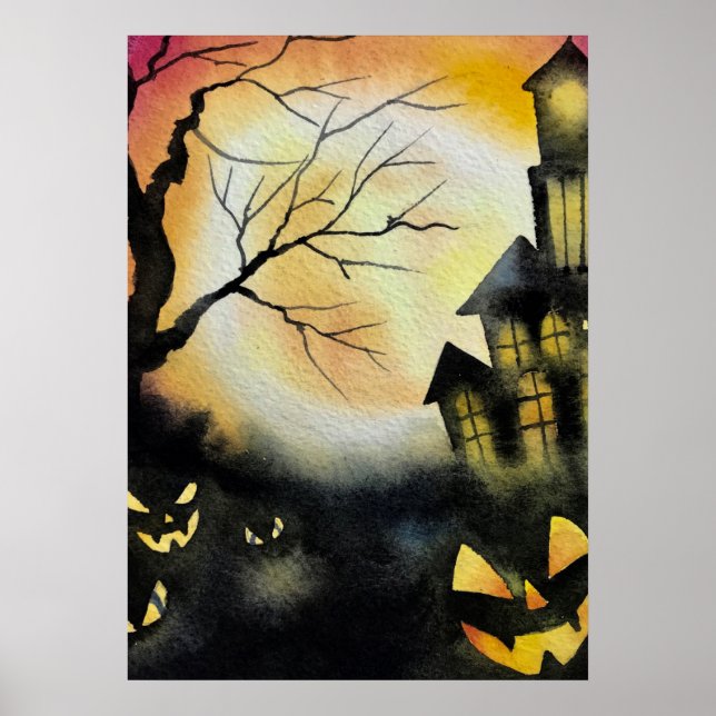 Póster Halloween de la casa embrujada, fantasmagórico fan (Frente)