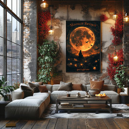 Póster Halloween de luna llena con murciélagos, velas y n