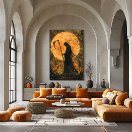 Póster Halloween de Paro Grim Reaper con Luna Llena y Scy