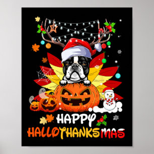 Póster Halloween De Perro Terrier De Boston Y Feliz Navid