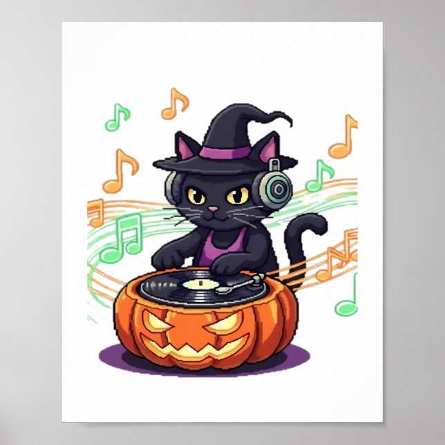 Póster Halloween del gato Dj camiseta sobredimensionada (Frente)