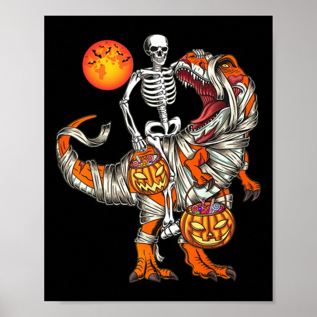 Póster Halloween Dinosaur Skeleton T Rex Scary Pumpkin Mo (Frente)