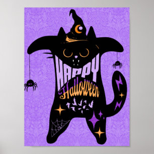 Póster Halloween divertido de bruja de gato negro retro