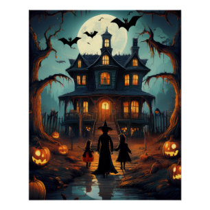 Póster Halloween embrujó truco en la casa o tratamientos