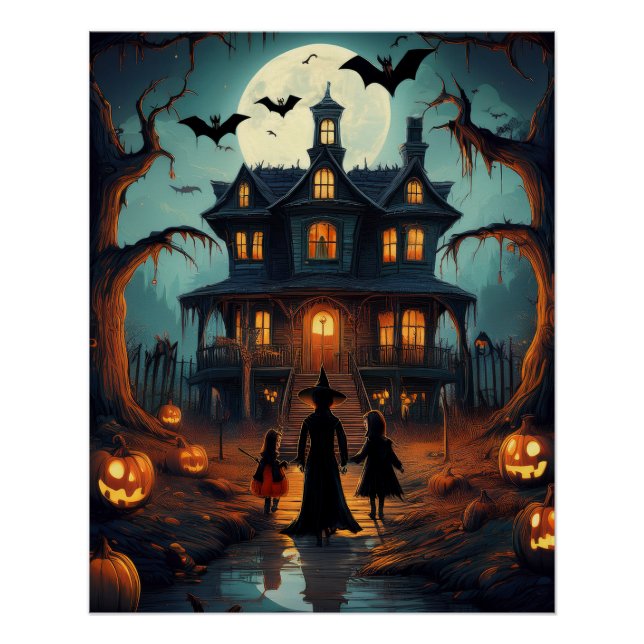 Póster Halloween embrujó truco en la casa o tratamientos (Anverso)