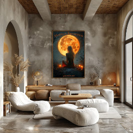 Póster Halloween encantado con luna llena, velas y murcié