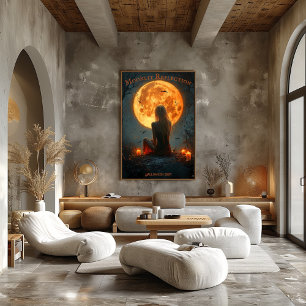 Póster Halloween encantado con luna llena, velas y murcié