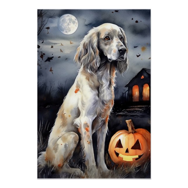 Póster Halloween English Setter with Pumpkins Scary (Anverso)
