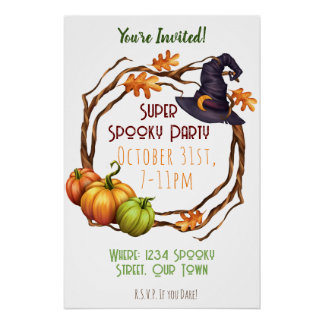 Póster Halloween Fall Party Invitación Calabaza Bruja