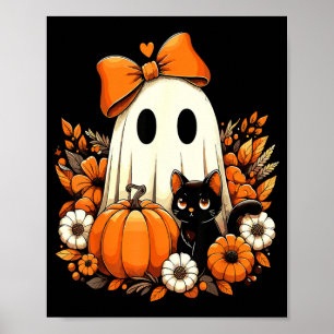 Póster Halloween Fantasma Gato Negro Floral Groovy