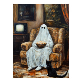 Póster Halloween Fantasma viendo televisión con palomitas