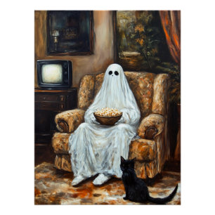 Póster Halloween Fantasma viendo televisión con palomitas