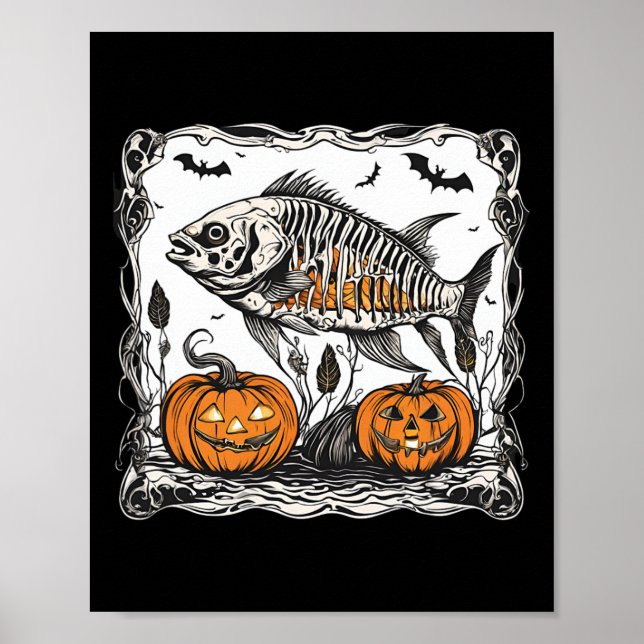Póster Halloween Fish Skeleton Funny Spooky Fish Bone Gra (Frente)