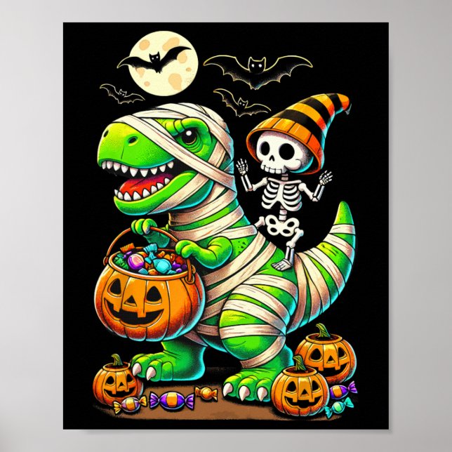 Póster Halloween Funny T Rex Dinosaur Mummy Boys Trick Tr (Frente)