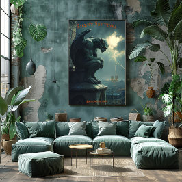 Póster Halloween Gargoyle con cielo y relámpagos de torme