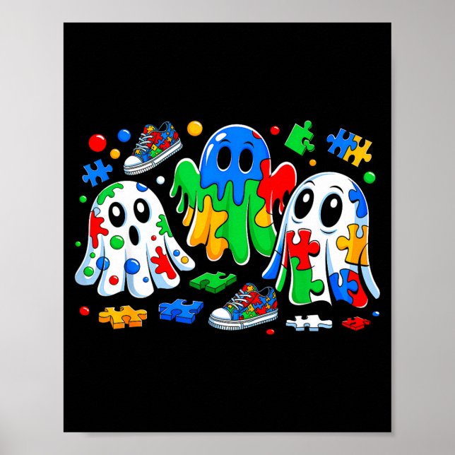 Póster Halloween Ghost Colorful Puzzle Ribbon Autism Awar (Frente)