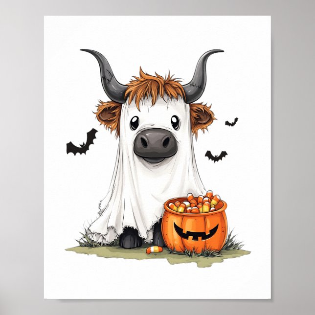 Póster Halloween Ghost Highland Cow PNG (Frente)