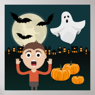 Póster Halloween Ghost Moon Bats Ilustracion Poster