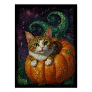 Póster Halloween Ginger & White Kitten montando una calab