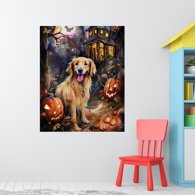 Póster Halloween Golden Retriever con calabazas aterrador (Guardería 1)