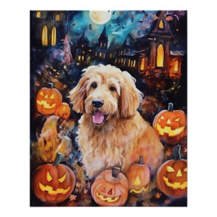 Póster Halloween Goldendoodle con calabazas aterradoras