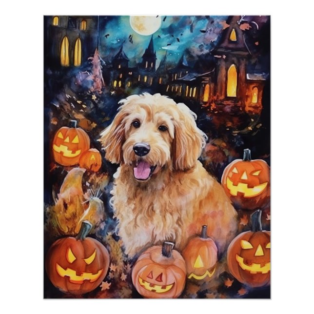 Póster Halloween Goldendoodle con calabazas aterradoras (Anverso)