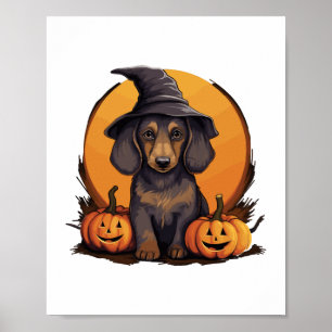 Póster Halloween Gorra de brujas Calabaza perro Dachshund