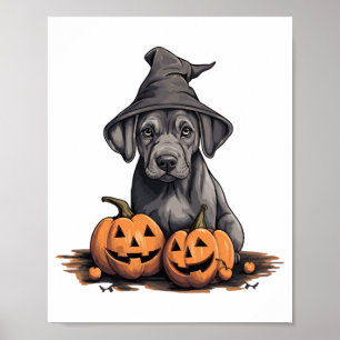 Póster Halloween Gorra de Brujas Calabaza Perro Gran Dane