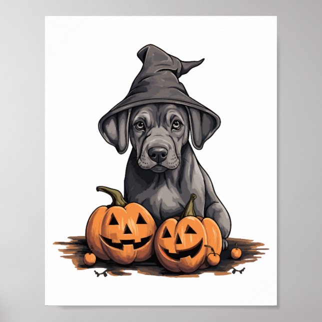 Póster Halloween Gorra de Brujas Calabaza Perro Gran Dane (Frente)