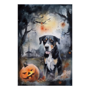 Póster Halloween Greater Swiss Con Calabazas Espeluznante