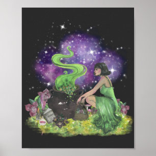 Póster Halloween Halloween Hermosa Joven Bruja con hierba