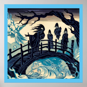 Póster Halloween - Haunted Bridge Woodcut 2
